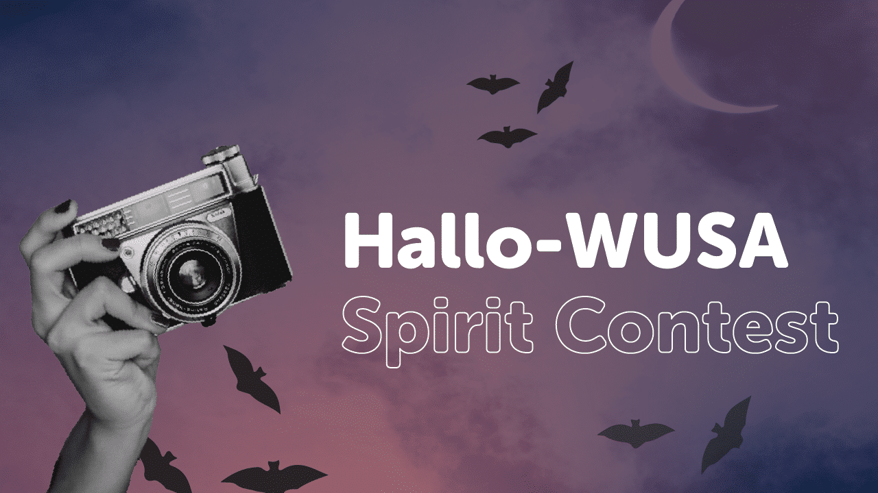 A hand holding a vintage camera with bats flying around against a twilight sky with a crescent moon. The text reads "HalloWUSA Spirit Contest.