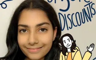 A young person with long dark hair smiles at the camera. "TOP 5 SPC DISCOUNTS" is written in large, blue, handwritten letters on the right side. In the bottom right, there is a cartoon figure resembling Anusha, wearing a yellow jacket and blue pants, waving cheerfully.