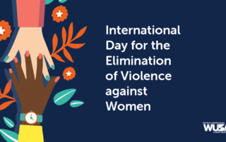 Four hands of different skin tones come together in solidarity surrounded by orange flowers. The text reads: "International Day for the Elimination of Violence against Women." The WUSA (Waterloo Undergraduate Student Association) logo is in the corner.