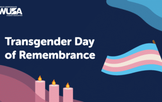 Graphic for Transgender Day of Remembrance by Waterloo Undergraduate Student Association. Featuring three lit candles and a waving transgender pride flag on a dark blue background with abstract pink and blue shapes, it honors the occasion on Nov. 20th.