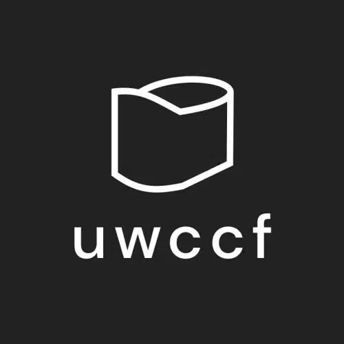 A minimalist white line drawing of an open book on a black background. Below the book icon, lowercase letters spell out "uwccf.