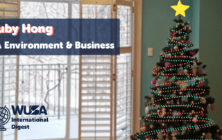 A decorated Christmas tree stands in a room with a large window showing a snowy outdoor scene. Text on the image reads, "Ruby Hong, 3A Environment & Business." The logo of WUSA International Digest is in the lower left corner.