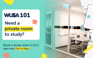 Advertisement for WUSA 101. The left side asks, "Need a private room to study?" with a highlighted "private room." The right side shows one of our Study Rooms with a table and chairs. Text below states, "Book a study room in SLC, open from 7am to 10pm." Background has notebooks and stars.