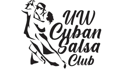 Silhouette graphic of a couple dancing with the text "UW Cuban Salsa Club" written beside them. The dancers are in an embrace, with the man's arm around the woman's waist, both in motion indicating salsa dance.