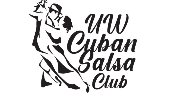 Silhouette graphic of a couple dancing with the text "UW Cuban Salsa Club" written beside them. The dancers are in an embrace, with the man's arm around the woman's waist, both in motion indicating salsa dance.