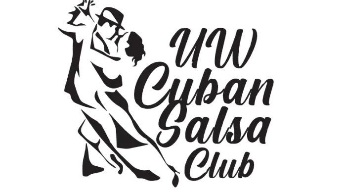 Silhouette graphic of a couple dancing with the text "UW Cuban Salsa Club" written beside them. The dancers are in an embrace, with the man's arm around the woman's waist, both in motion indicating salsa dance.