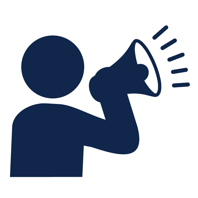 A simple, stylized dark blue icon of a person holding a megaphone to their mouth, emitting sound waves. The design emphasizes communication or making an announcement.