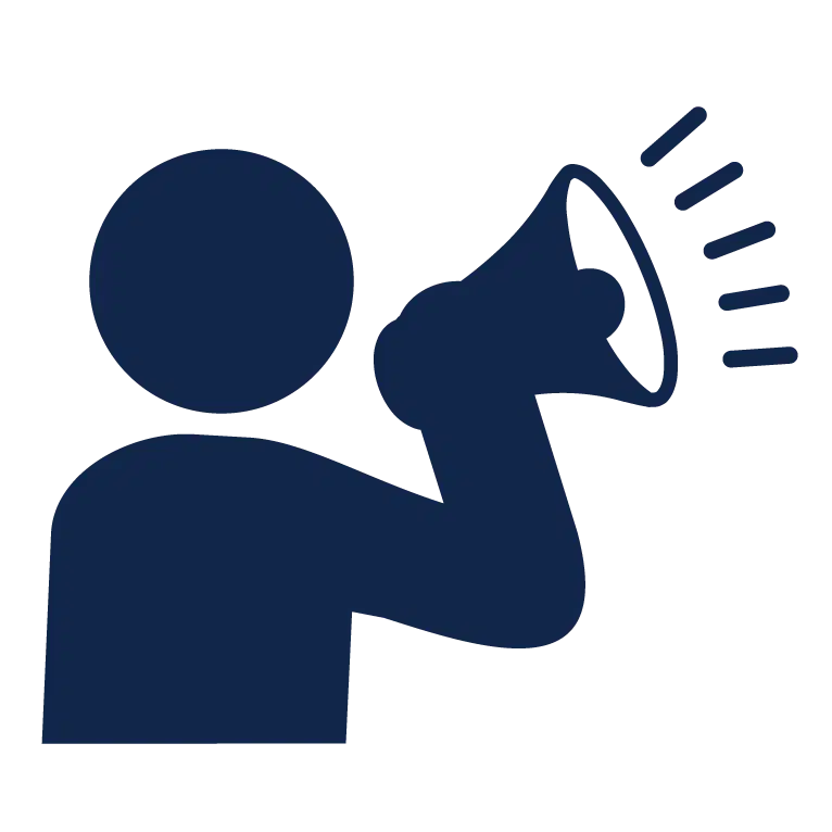 A simple, stylized dark blue icon of a person holding a megaphone to their mouth, emitting sound waves. The design emphasizes communication or making an announcement.