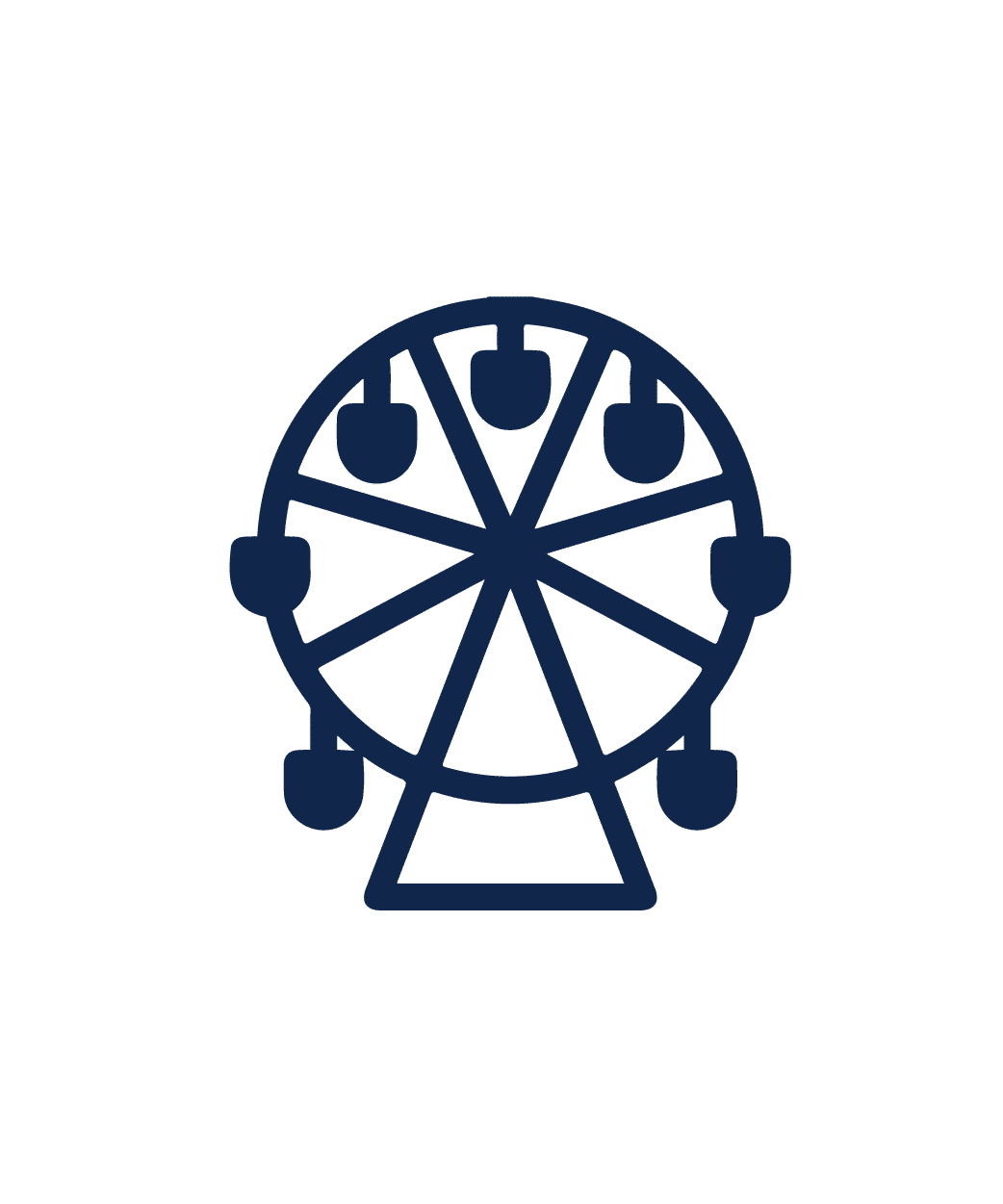 A simple, dark blue icon of a Ferris wheel with five gondolas evenly spaced around the wheel and a triangular base at the bottom.