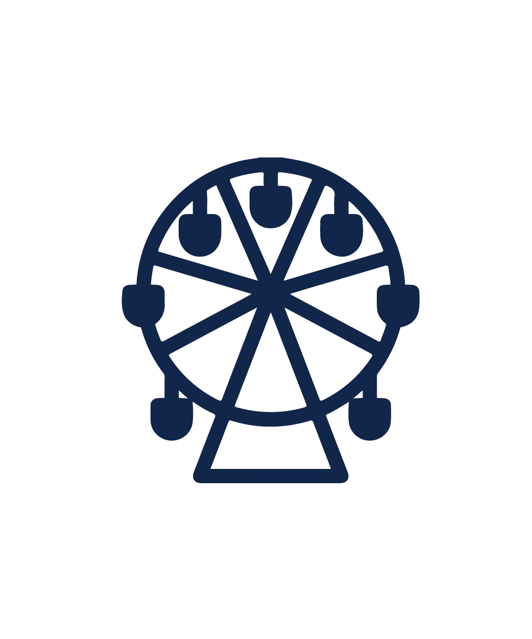 A simple, dark blue icon of a Ferris wheel with five gondolas evenly spaced around the wheel and a triangular base at the bottom.