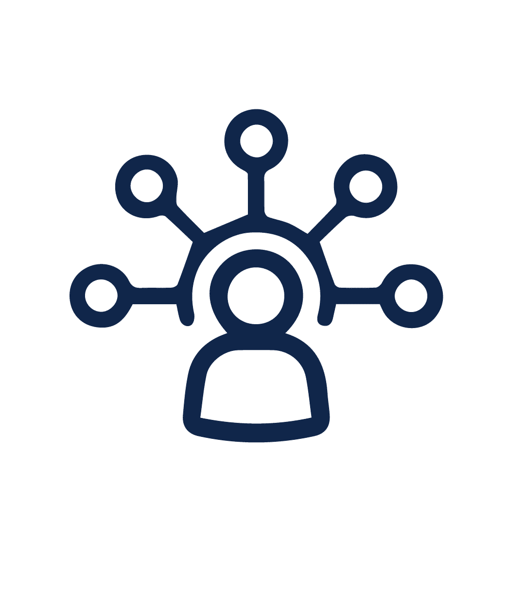Icon of a person with six lines radiating from their head, each ending in a circle. The design suggests connectivity or network, representing the idea of communication, influence, or an interconnected system.