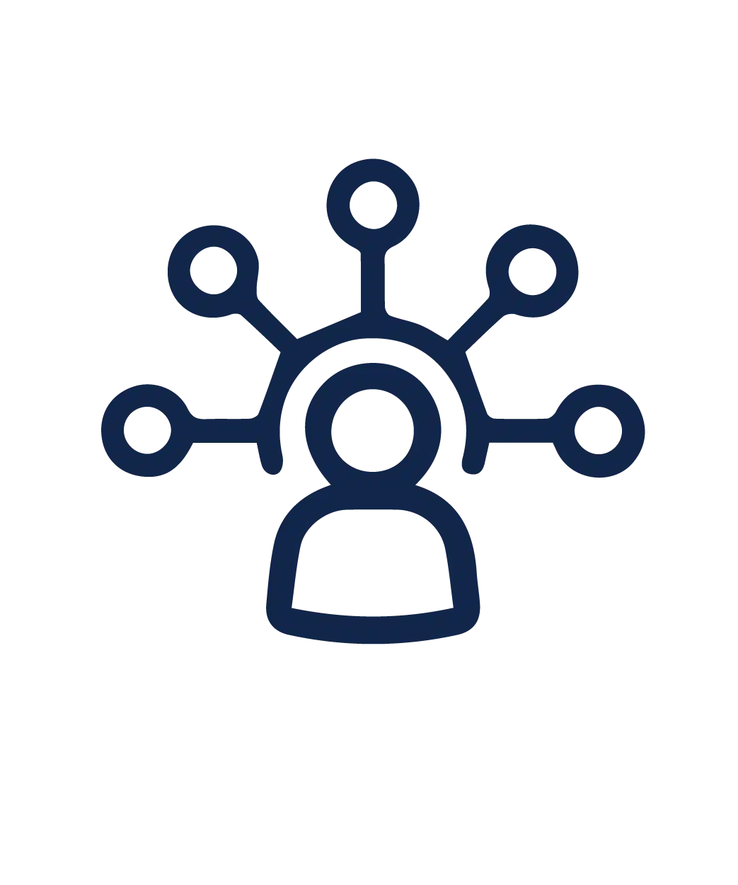 Icon of a person with six lines radiating from their head, each ending in a circle. The design suggests connectivity or network, representing the idea of communication, influence, or an interconnected system.