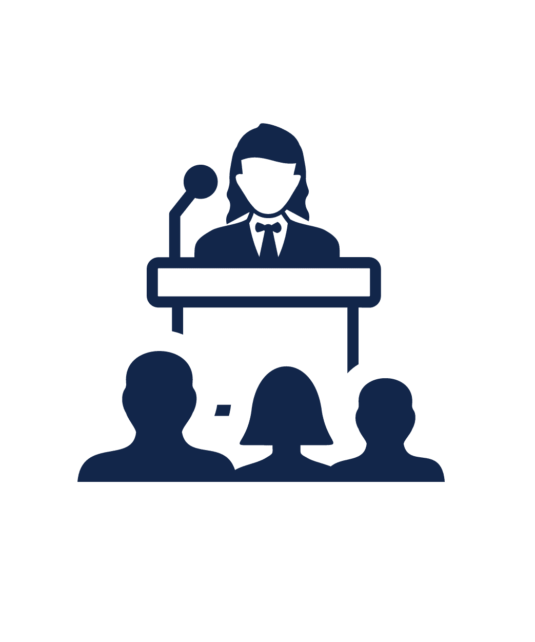 Icon of a person speaking at a podium with a microphone, addressing an audience of three people. The speaker is depicted in the background, while the audience is shown in silhouette form in the foreground.