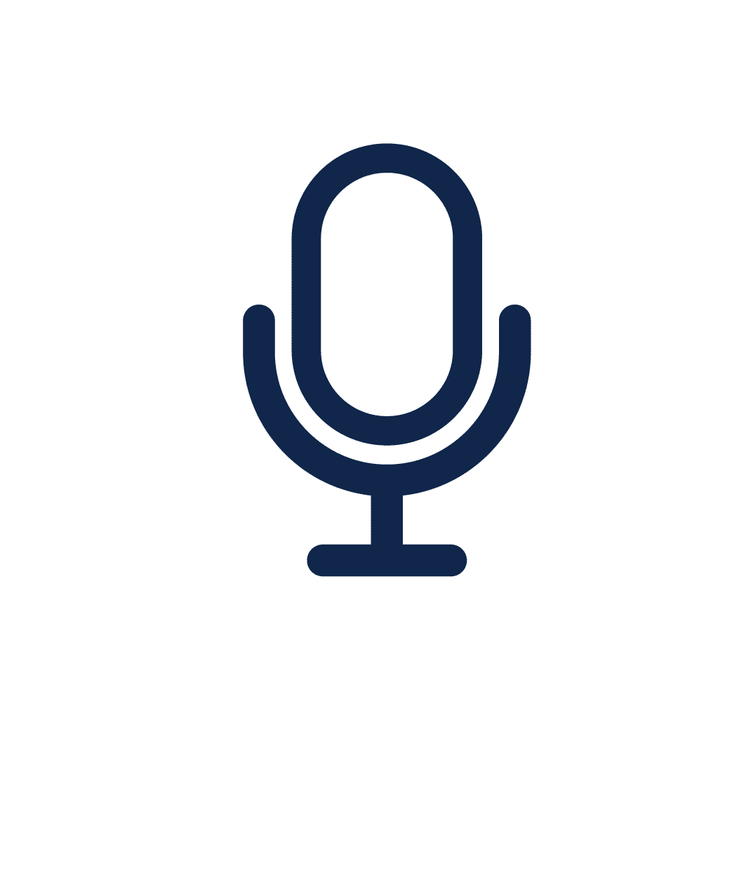 An icon of a vintage-style microphone with a rounded top and a simplified stand, depicted in dark blue on a transparent background.