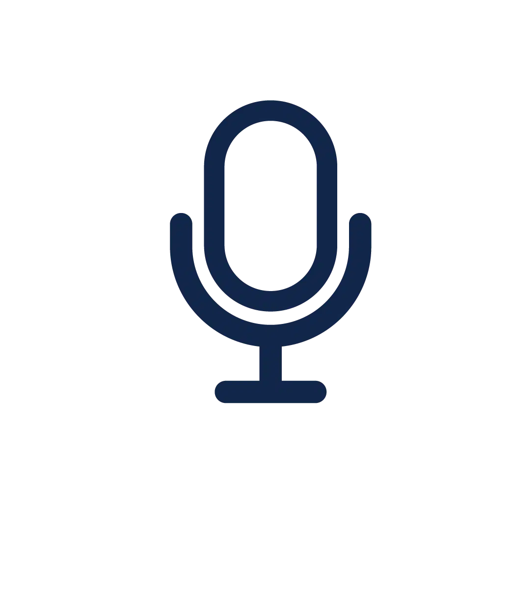 An icon of a vintage-style microphone with a rounded top and a simplified stand, depicted in dark blue on a transparent background.