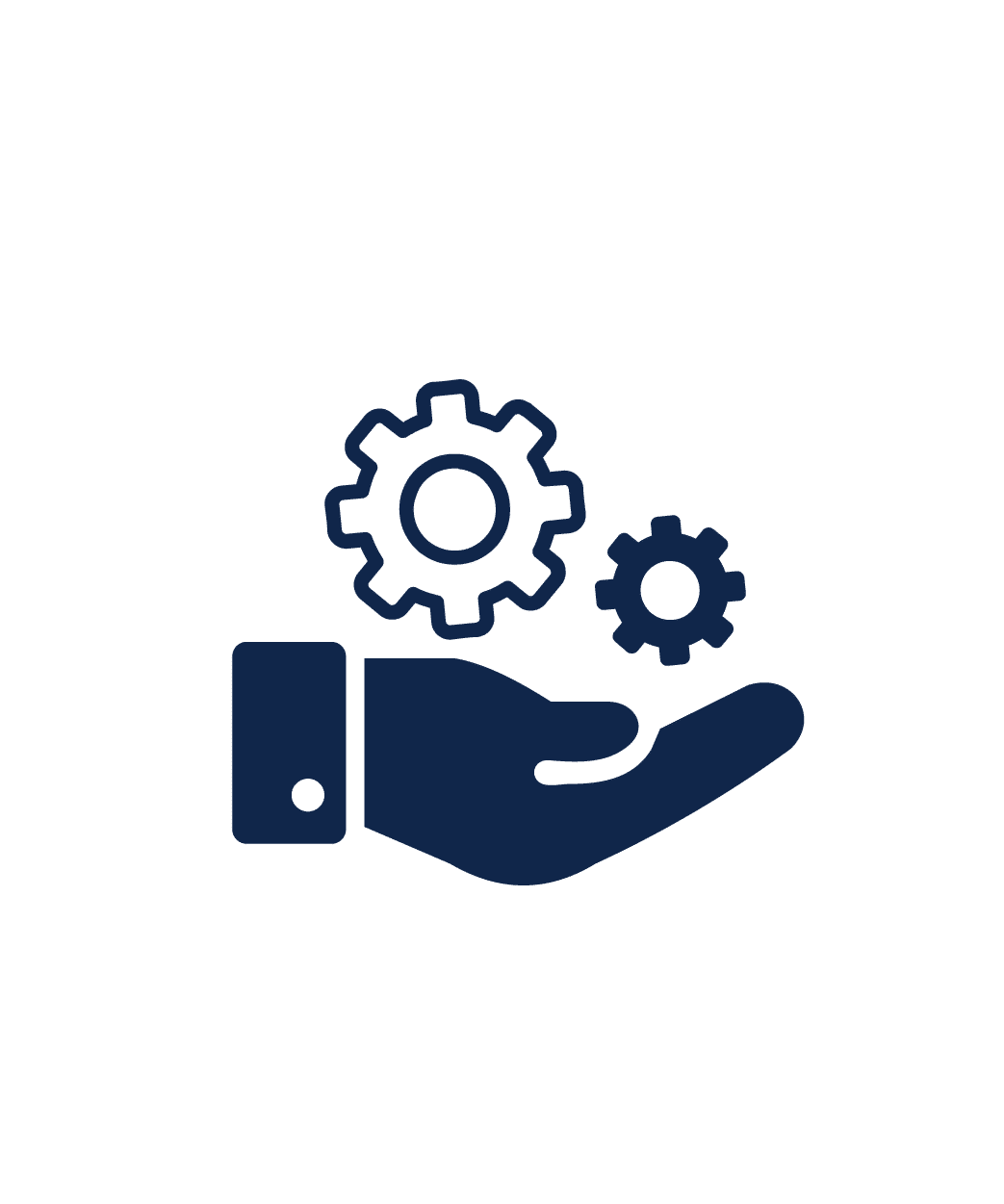 An icon of a hand holding two cogwheels, with one larger cogwheel above the palm and a smaller one to the side, signifying support or service involving mechanical or technical processes.