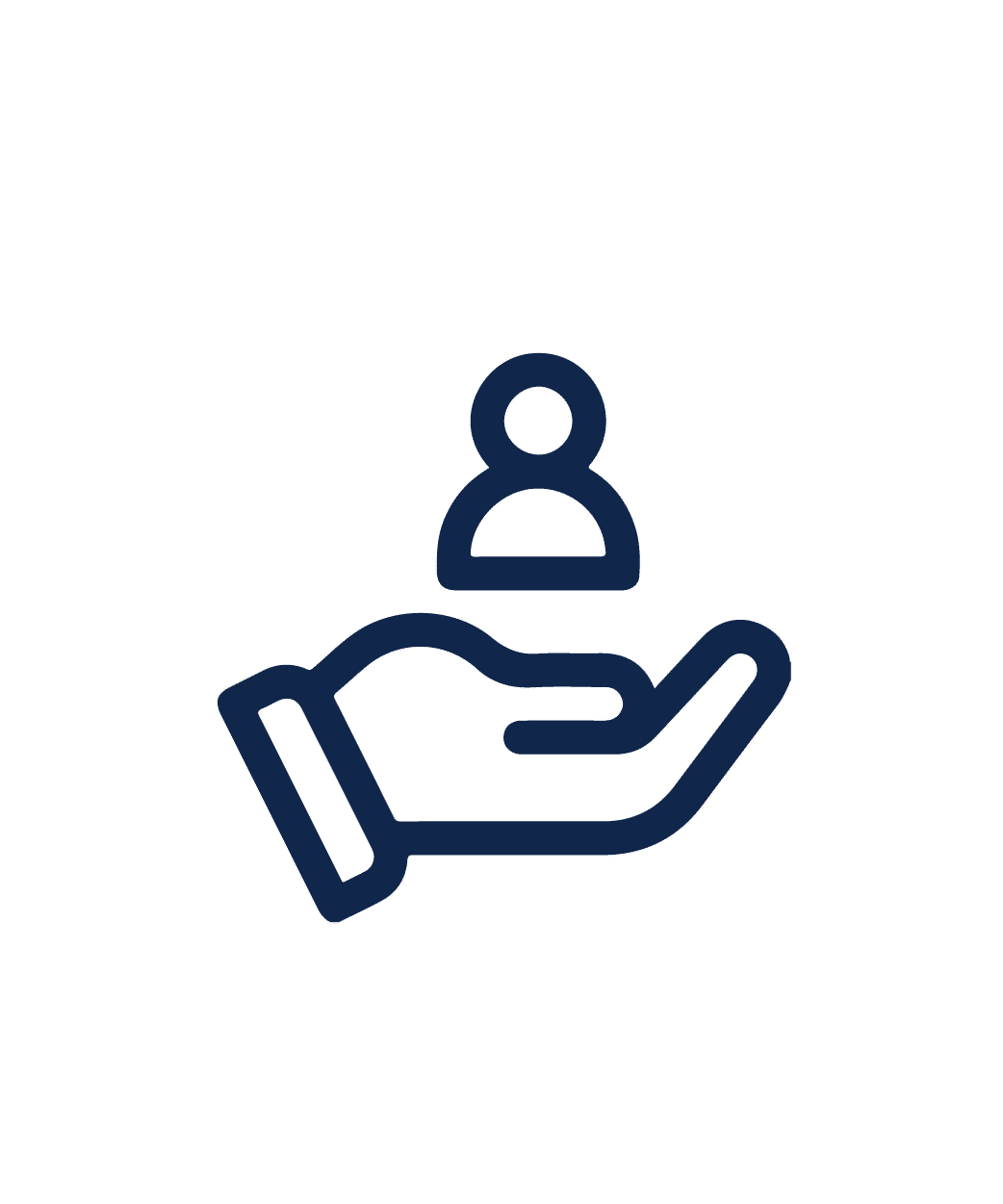 Icon of an open hand with the palm facing upwards, holding a simplistic representation of a person. The overall style is minimalist, with clean, dark lines on a transparent background.