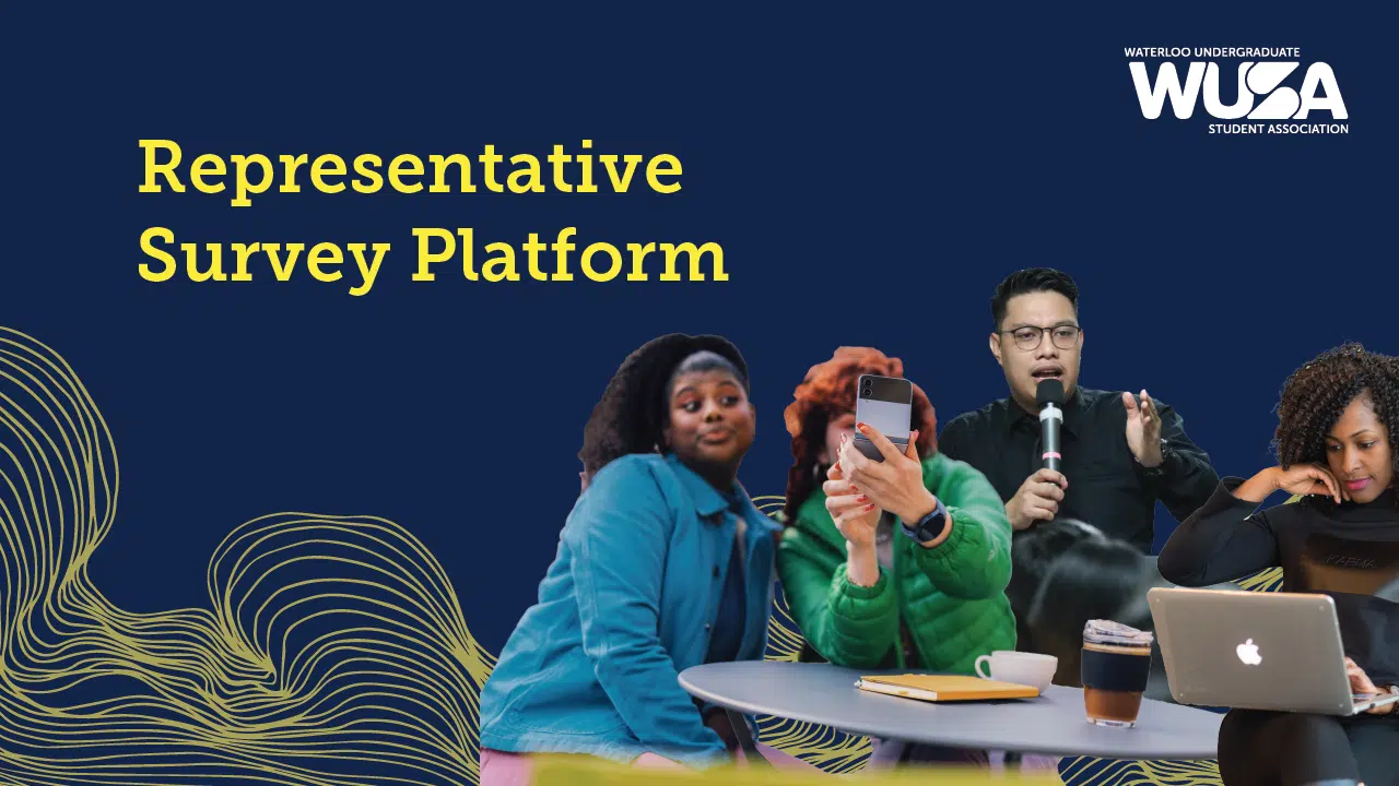 A promotional graphic for the Waterloo Undergraduate Student Association (WUSA) Representative Survey Platform. It includes photos of diverse individuals using digital devices, with a dark blue background and abstract yellow wave patterns, highlighting the ease and accessibility of the platform.