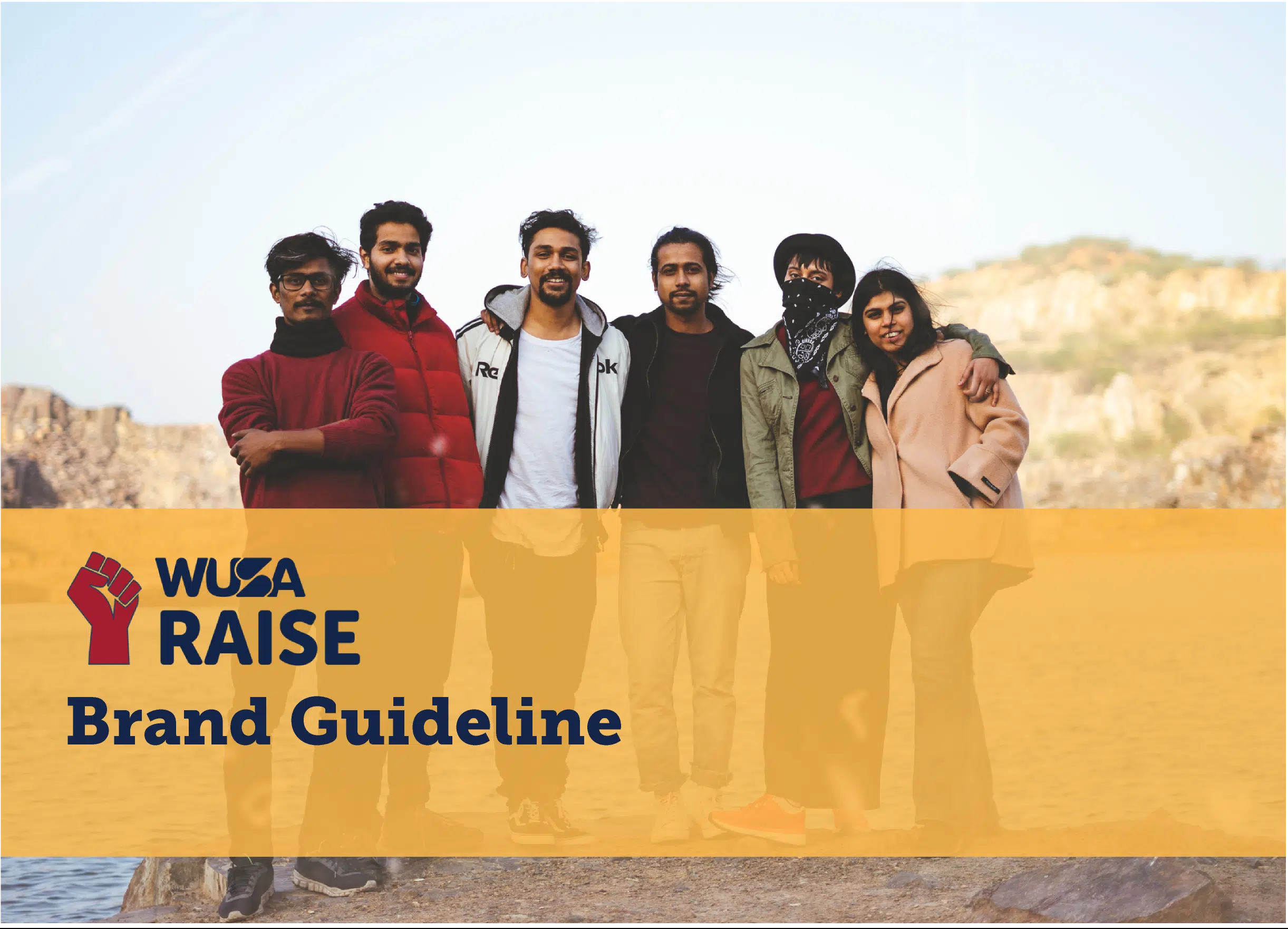 A diverse group of six young adults stand side by side outdoors, smiling at the camera. The lower part of the image has a yellow overlay with the text "WUSA RAISE Brand Guideline" accompanied by a red raised fist logo.