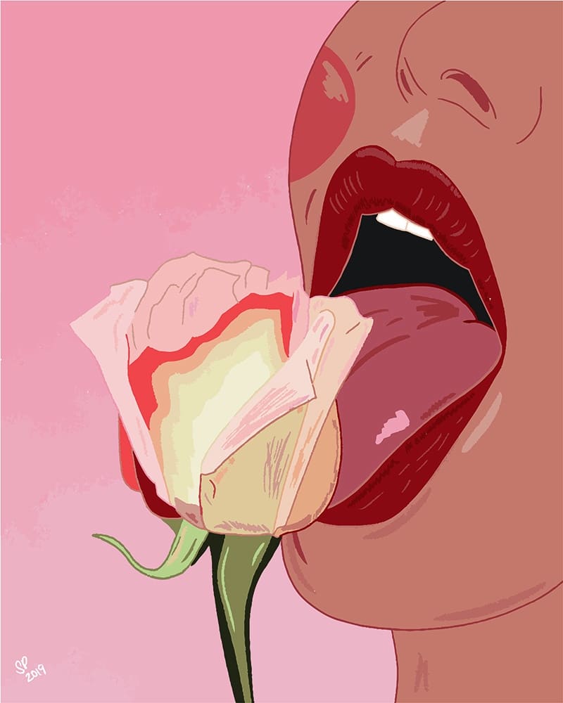 Illustration of a person's open mouth with red lips and tongue extended, touching a partially bloomed pink rose. The background is a solid, vibrant pink.