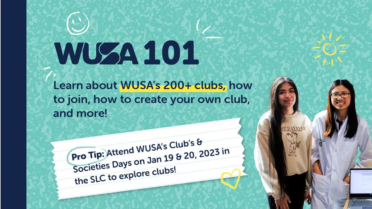 WUSA 101 information session poster featuring two people. Text reads: 'Learn about WUSA’s 200+ clubs, how to join, how to create your own club, and more! Pro Tip: Attend WUSA’s Clubs & Societies Days on Jan 19 & 20, 2023 in the SLC to explore clubs!'.