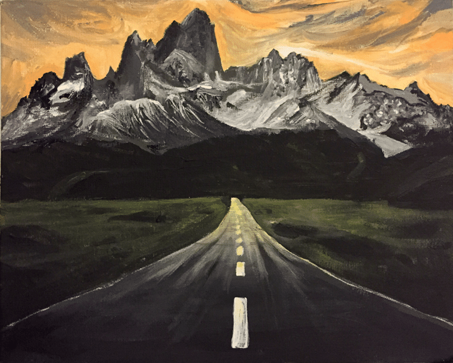A painting depicting a road leading towards towering, jagged mountains. The sky above is streaked with dramatic shades of orange and yellow, suggesting either dawn or dusk. The foreground is dominated by the road and surrounding dark green landscape, subtly hinting at the importance of fire prevention in nature's beauty.