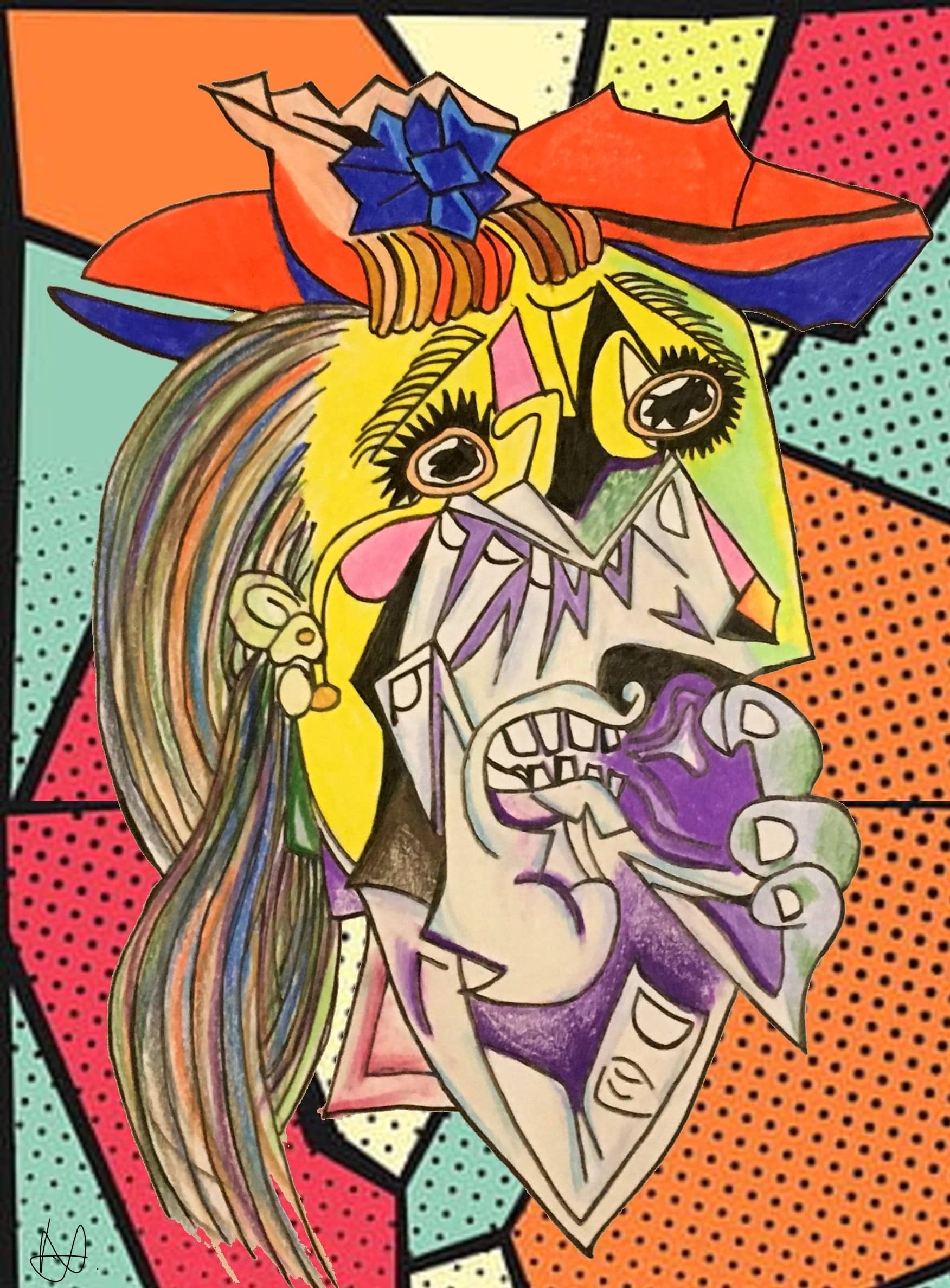The featured art is a cubist-style masterpiece showcasing a woman's distorted face. She wears a red hat adorned with blue flowers, and her multicolored hair complements the bright, geometric background in shades of orange, yellow, blue, and green, reminiscent of comic book art.