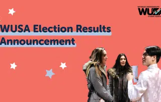 A graphic with a coral background highlights the "WUSA Election Results Announcement" text on the left, adorned with scattered white and blue star illustrations. On the right, three people are engaged in conversation. The WUSA logo sits in the top right corner.