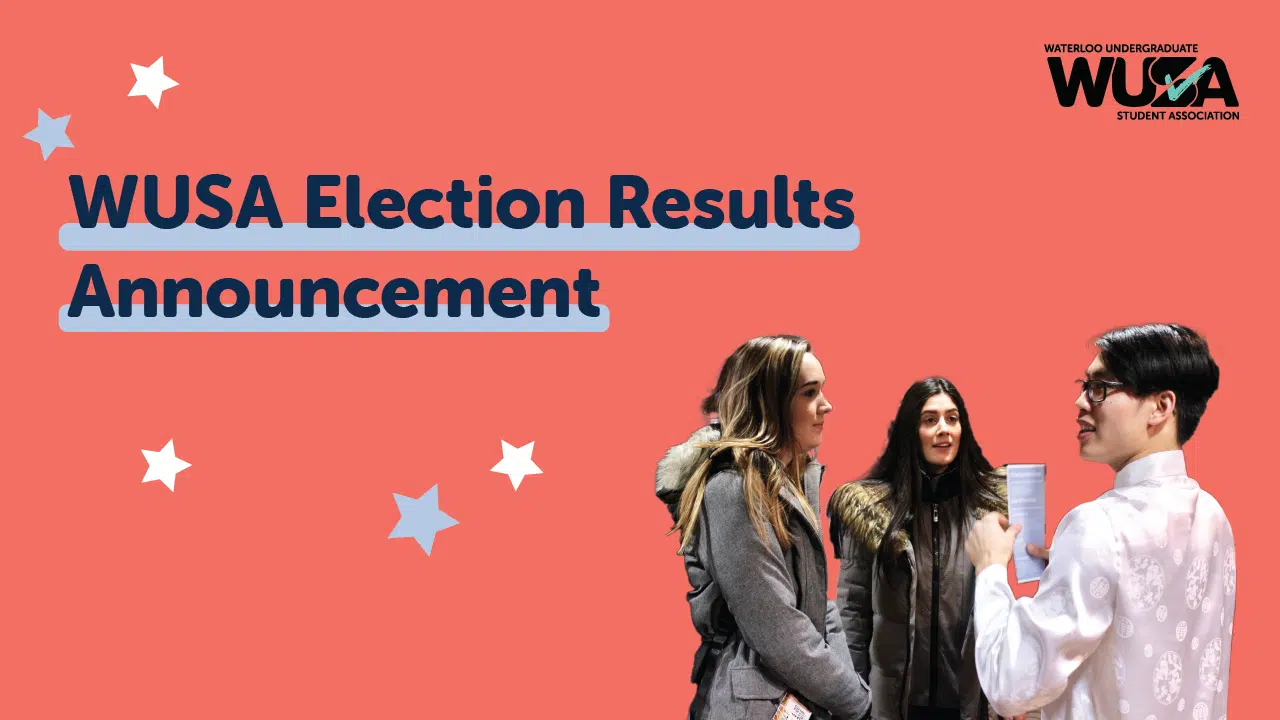 A graphic with a coral background highlights the "WUSA Election Results Announcement" text on the left, adorned with scattered white and blue star illustrations. On the right, three people are engaged in conversation. The WUSA logo sits in the top right corner.