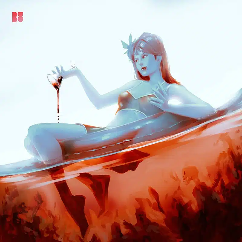 A digital artwork depicting a blue-skinned woman with a leafy headband lying in a red liquid-filled container. She holds a heart dripping with red liquid above her, seemingly drowned in an abstract, eerie backdrop of silhouettes beneath the liquid's surface.