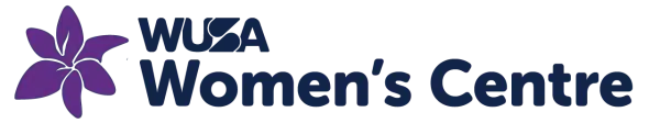 Logo of WUZA Women's Centre, featuring a stylized purple flower to the left of the text. The text "WUZA" and "Women's Centre" are written in capital and regular letters respectively, and are dark blue in color. The background is transparent.