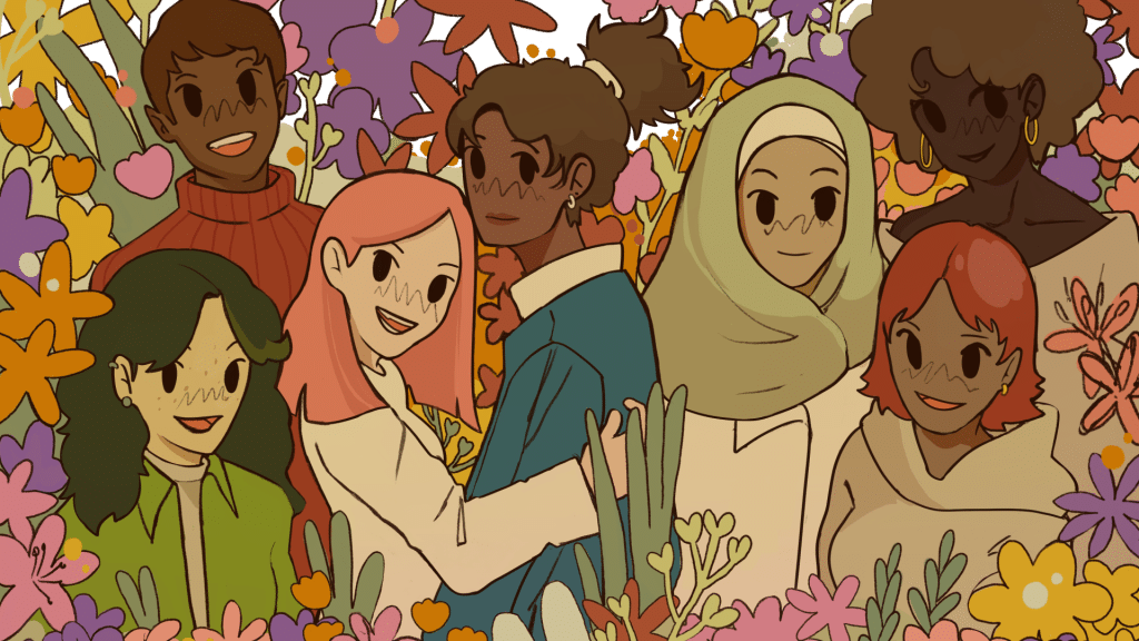 A colorful illustration of seven diverse people standing together amidst vibrant flowers. They are all smiling and appear cheerful. The background is filled with various plants and flowers, creating a lively and welcoming atmosphere.
