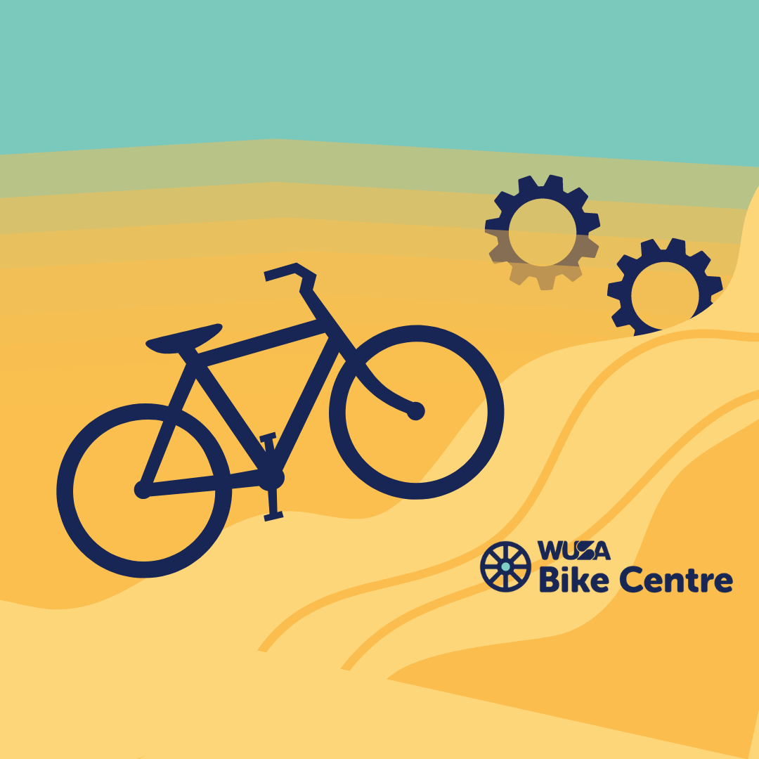 Illustration of a bicycle in a desert-like landscape with two gear icons partially buried in the sand. The "WUSA Bike Centre" logo is prominently displayed in the bottom right corner. The background features stylized waves in shades of green, yellow, and beige, evoking the spirit of spring and bike rental adventures, highlighting the **Spring 24 Bike Rental Program Registration**.