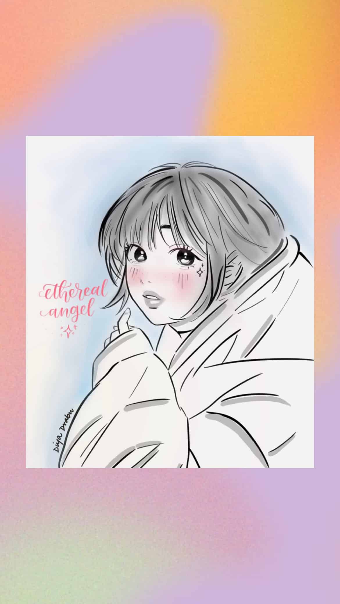 A digital illustration features a young, wide-eyed girl with short hair, looking over her shoulder. She's wrapped in a large, cozy jacket, while faint wings shimmer behind her. The background is a pastel gradient of purple, orange, and pink, with the text "ethereal angel" in decorative font to the left.