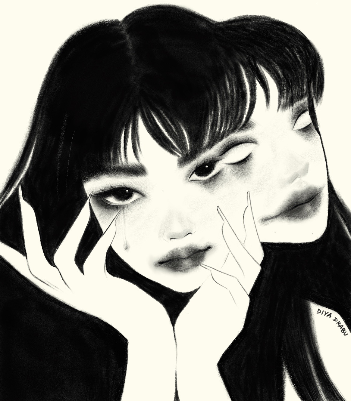 A monochromatic digital drawing by Divya Dhuv titled "Distorted" captures a woman with two overlapping faces, one looking forward with a tear, the other gazing to the side. In black and white with heavy shading and expressive lines, it beautifully embodies rage in tenderness.