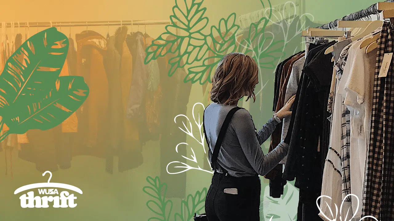 A person with shoulder-length hair browses through a rack of clothes in a store. Green and orange leaves are illustrated on a gradient background, and the "WUSA Thrift" logo is in the bottom left corner of the image.