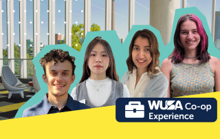 Four individuals stand against a backdrop of a modern, glass-filled space with trees visible outside. They are part of a promotional banner for The WUSA Co-op, characterized by smiles and a professional demeanor. A logo with a briefcase icon is visible, highlighting the Co-op Experience.