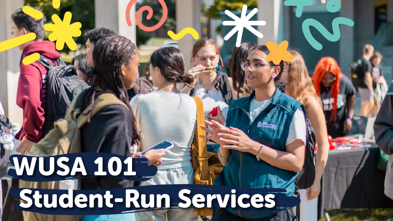 Students gather outdoors at an info fair, talking near a table about student services, with colorful doodles and WUSA 101 text overlaid.