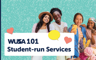 Four diverse students smile and take a selfie together in front of a textured teal background. A banner below them reads, "WUSA 101 Student Services," with heart and speech bubble icons, alongside a vase of flowers in the foreground.