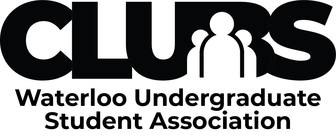 Logo of the Waterloo Undergraduate Student Association (WUSA). The word "CLUBS" is prominently displayed in bold letters with the "U" formed by two stylized human figures. Beneath the word, the text reads "Waterloo Undergraduate Student Association.