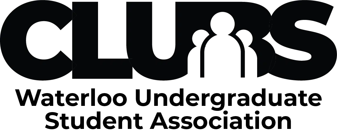 Logo of the Waterloo Undergraduate Student Association (WUSA). The word "CLUBS" is prominently displayed in bold letters with the "U" formed by two stylized human figures. Beneath the word, the text reads "Waterloo Undergraduate Student Association.