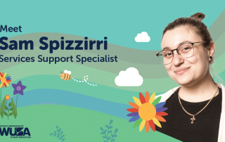 A promotional image features Sam Spizzirri, Services Support Specialist, smiling and wearing glasses. The playful background showcases flowers, a bee, clouds, and wavy green and blue patterns. Logos for WUSA and the Waterloo Undergraduate Student Association are included.