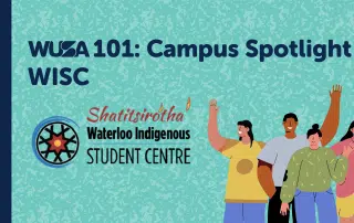 Illustrated promotional graphic for WUSA 101: Campus Spotlight featuring WISC (Shatitsirótha' Waterloo Indigenous Student Centre). Four diverse individuals stand arm in arm, smiling and waving against a textured teal background.