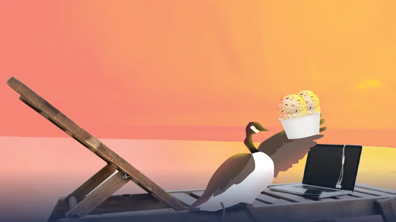 A goose stands on a beach lounge chair, holding a bowl with two scoops of ice cream. A laptop is open on the chair. The background features a vibrant, gradient sunset with shades of orange and pink.