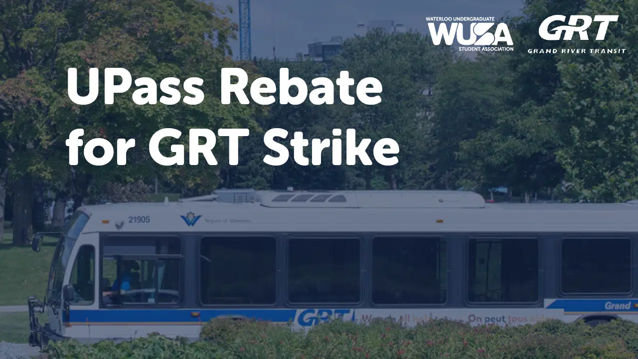 A bus with "Grand River Transit" signage is shown against a background of trees and buildings. The image text reads, "UPass Rebate for GRT Strike." The logos of "Waterloo Undergraduate Student Association" (WUSA) and "Grand River Transit" appear at the top, highlighting the WUSA Rebate.