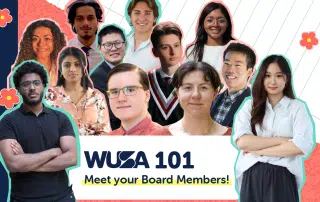 A group of people, primarily young adults, is gathered for a board member introduction. The text "WUSA 101: Meet The Board!" appears below them. The background features a colorful design with red flowers and abstract patterns.