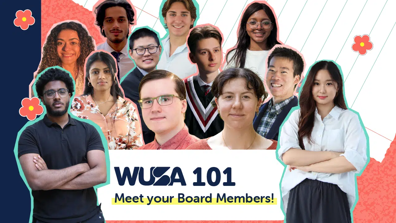 A group of people, primarily young adults, is gathered for a board member introduction. The text "WUSA 101: Meet The Board!" appears below them. The background features a colorful design with red flowers and abstract patterns.