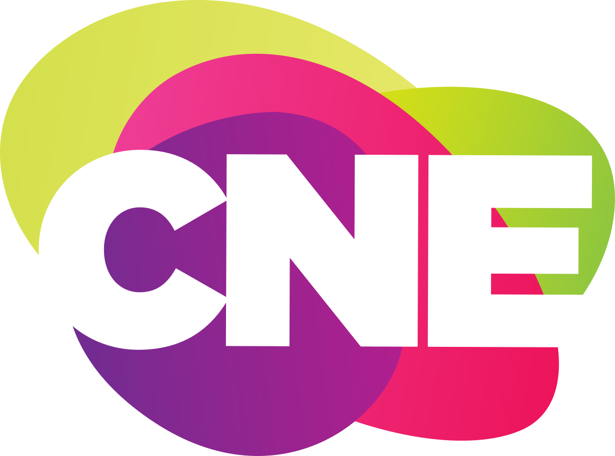 The image is a logo featuring the letters "CNE" in bold, white capital letters. The text is overlaid on a background of overlapping, abstract, colorful shapes in shades of green, pink, red, and purple.
