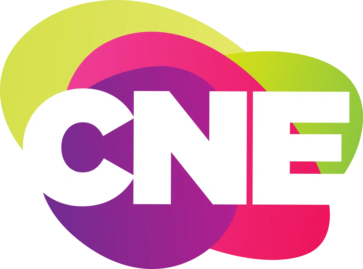 The image is a logo featuring the letters "CNE" in bold, white capital letters. The text is overlaid on a background of overlapping, abstract, colorful shapes in shades of green, pink, red, and purple.