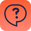 A rounded square icon with a gradient background from bright pink at the top to orange at the bottom. It features a large, dark blue speech bubble containing a question mark in the center.